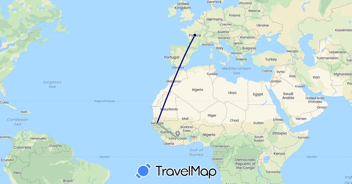 TravelMap itinerary: driving, plane in Algeria, France, Morocco, Senegal (Africa, Europe)